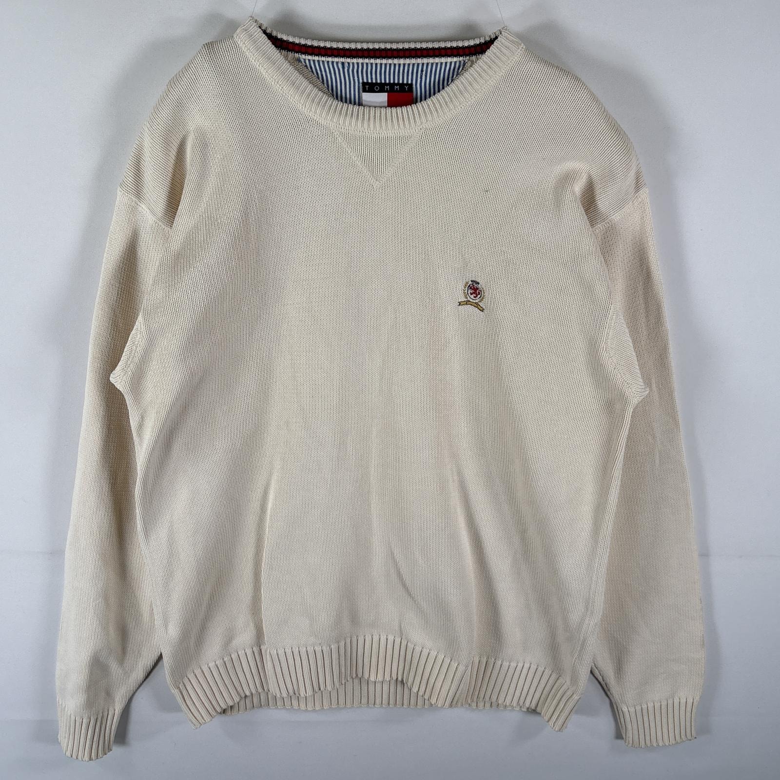 古着 90's/90年代 トミーヒルフィガー TOMMY HILFIGER セーター ニット ワンポイントロゴ刺繍 旧ロゴ 14041  ホワイト系 メンズ