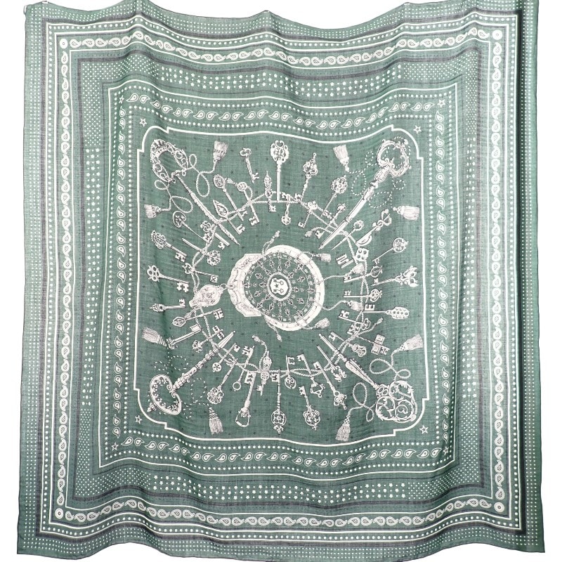 エルメス HERMES カレジェアン レクレ バンダナ 大判 ストール スカーフ カシミヤ シルク グリーン レディース【中古】【ABランク】