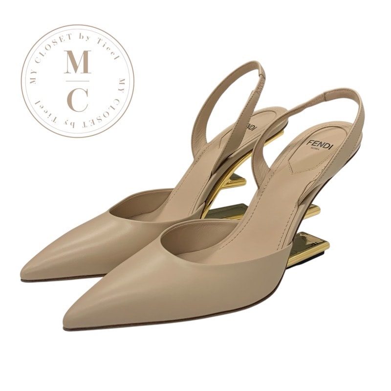 フェンディ FENDI ファースト パンプス 靴 シューズ レザー ピンクベージュ ゴールド スリングバック メタルヒール