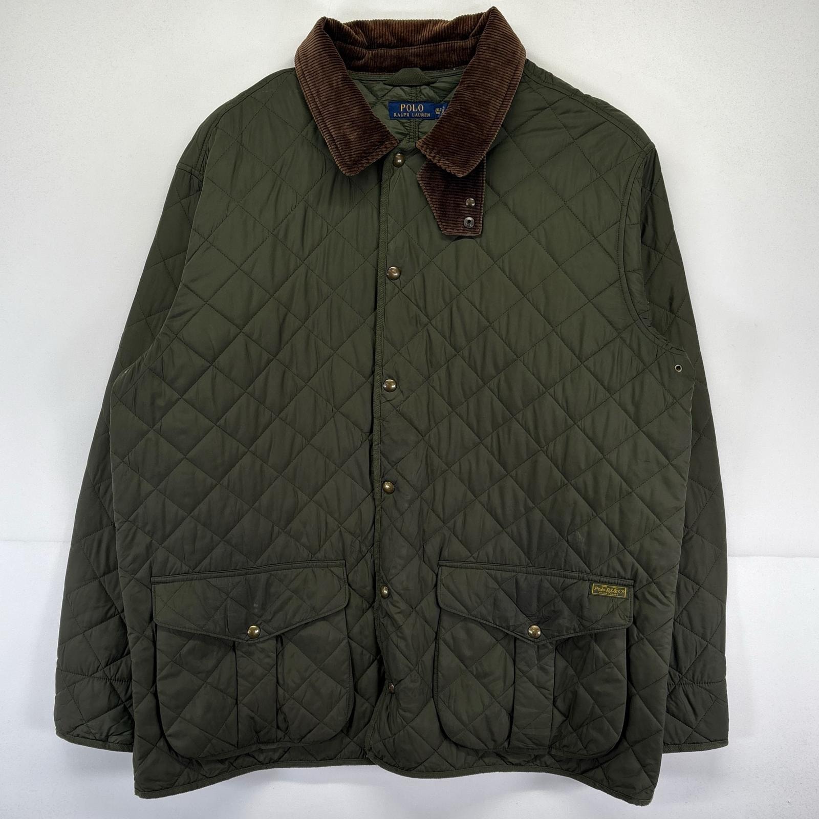 古着 ポロ・ラルフローレン POLO RALPH LAUREN カバーオール 大きいサイズ キルティングジャケット 襟コーデュロイ ハンティングジャケット 2XLTALL  グリーン系 メンズ