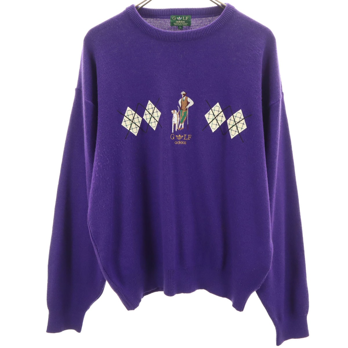 adidas アディダス 80s 日本製 トレフォイルロゴ ゴルフ 長袖 セーター L パープル ニット
