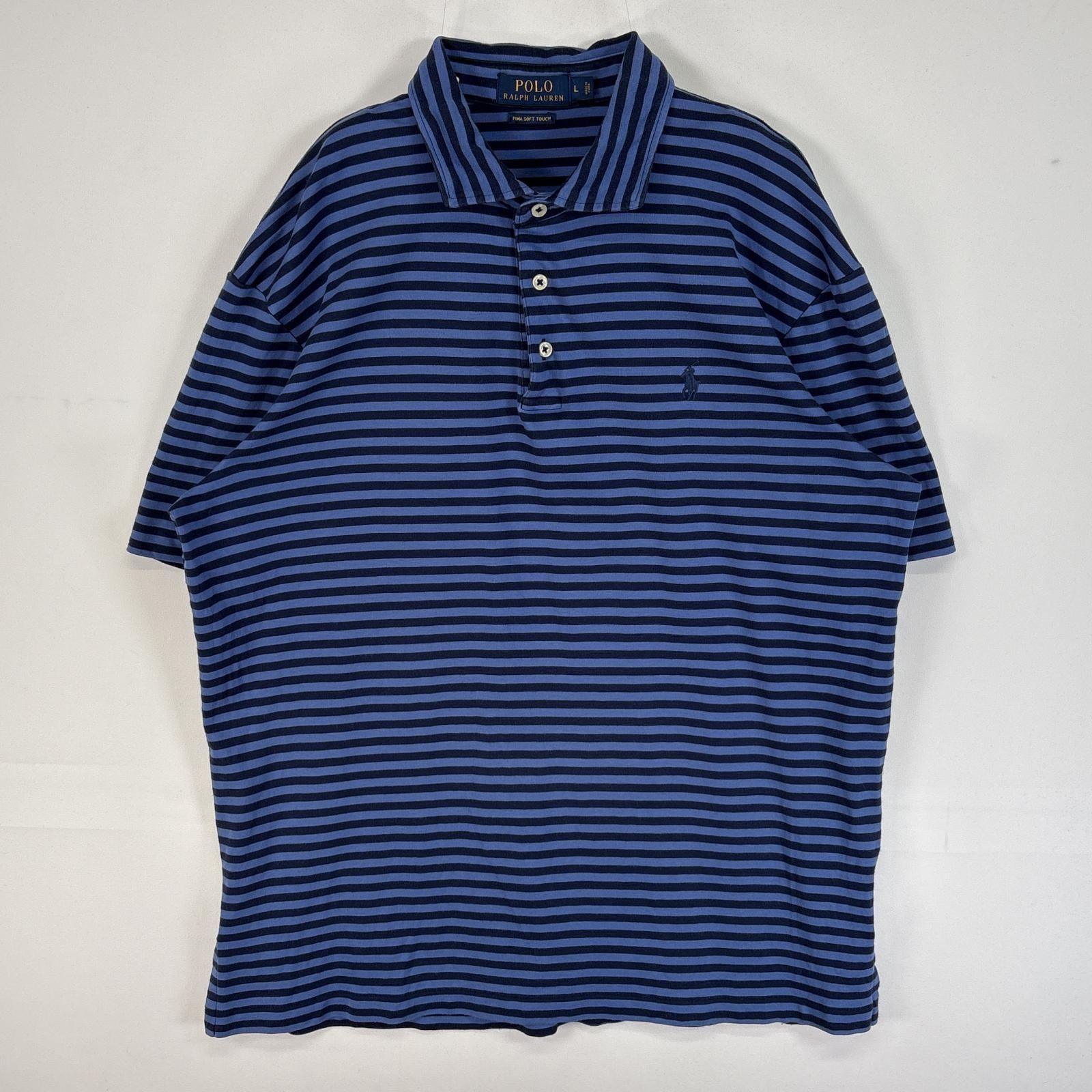 古着 ポロ・ラルフローレン POLO RALPH LAUREN 半袖 ポロシャツ ロゴ 刺繍 3ボタン PIMA SOFT TOUCH L  ブルー ボーダー メンズ