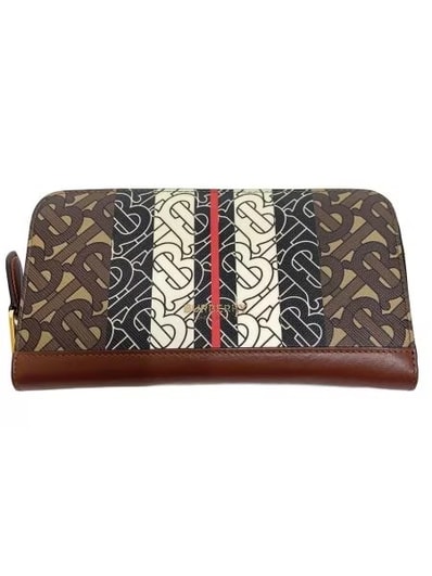 BURBERRY Monogram Stripe E-canvas and Leather Ziparound Wallet "Bridle Brown"