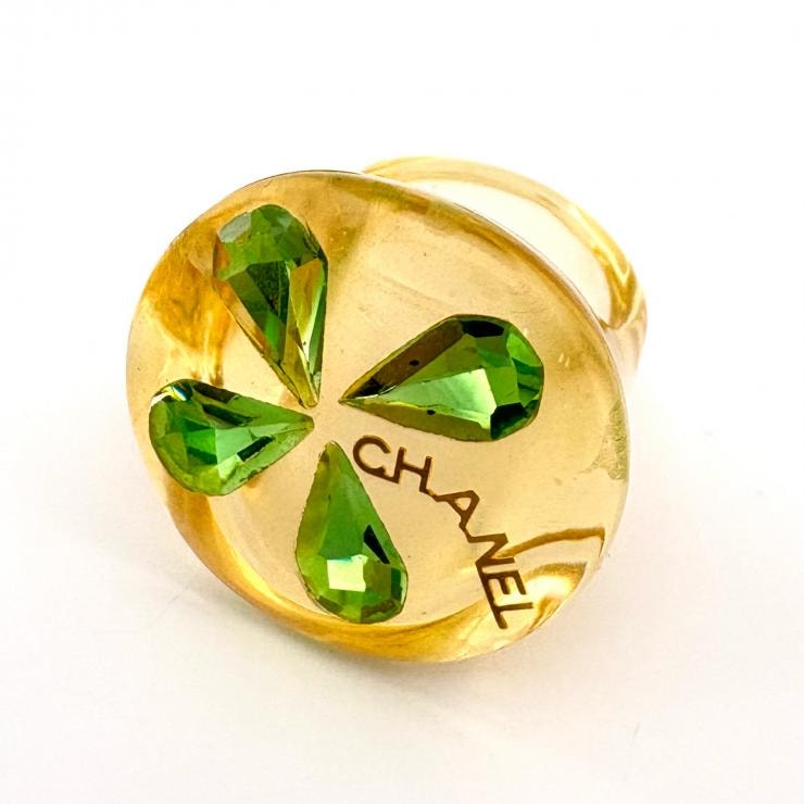 CHANEL ロゴ クリア クローバーモチーフ リング 13号 ラインストーン ヴィンテージ 指輪 鑑定済み 正規品 シャネル