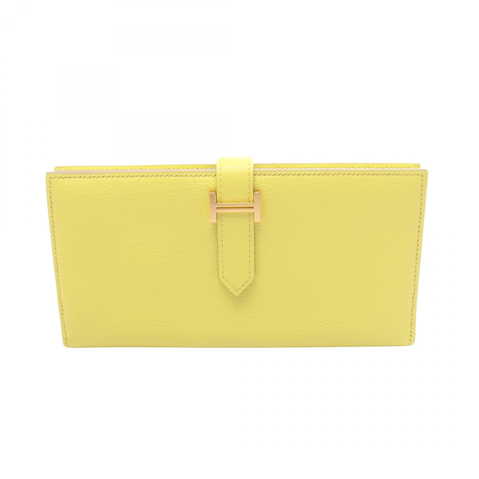 エルメス HERMES ベアンスフレ ライム 二つ折り長財布 財布 シェーブル シェーブル □R刻印(2014年製造) レディース イエロー系 【中古】