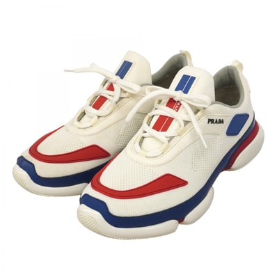 【6ape025】プラダ スニーカー 7.5 ローカットスニーカー ファブリック ホワイト ブルー【中古】メンズ
