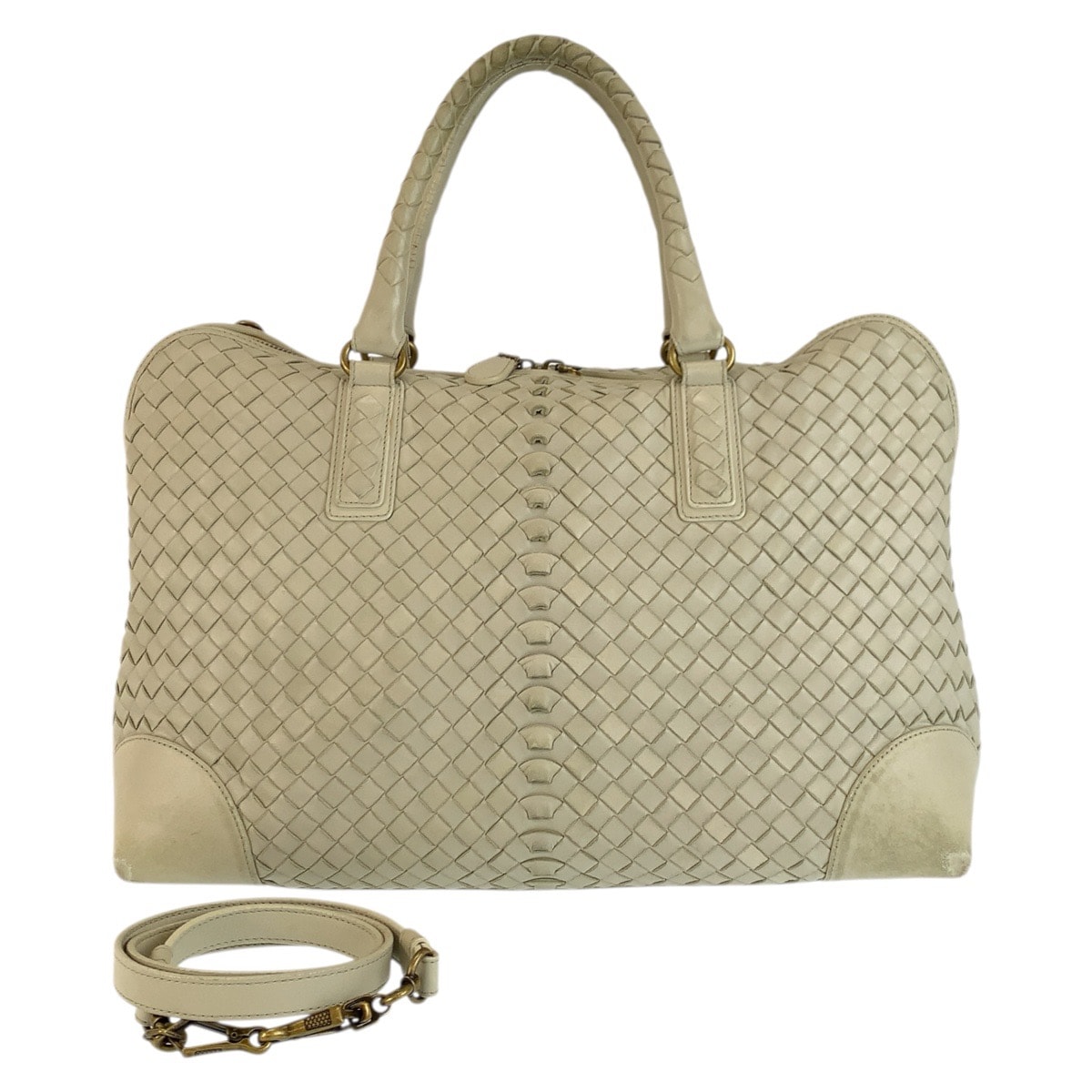 BOTTEGAVENETA ボッテガヴェネタ イントレチャート アイボリー ゴールド金具 レザー ハンドバッグ ショルダーバッグ 601747 【中古】