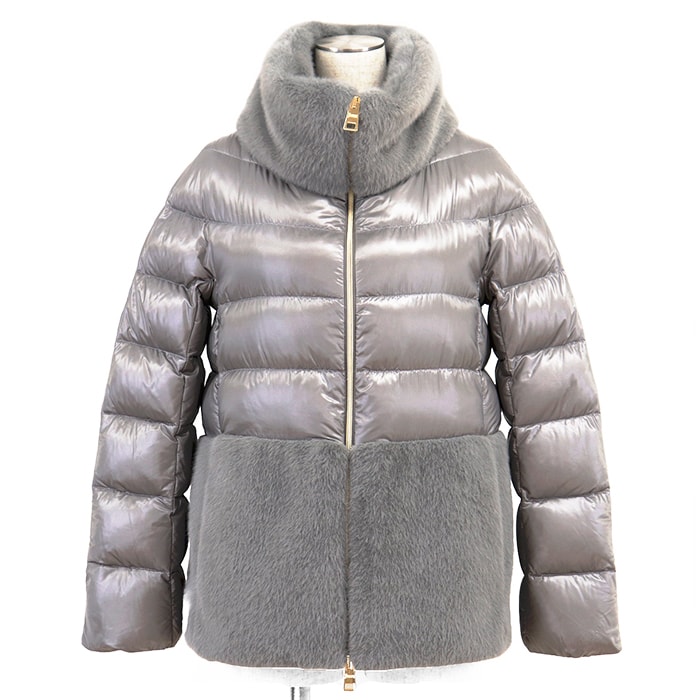 【極美品】Herno ヘルノ ダウンジャケット サイズ 38 レディース ダウンコート ジャケット ナイロン x ファー コンビネーション 軽量 PI001933D12017Z アウター グレー 灰色 ルーマニア製