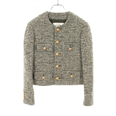 セリーヌ CELINE ツイード ノーカラージャケット 衣料品 アウター ウール モヘヤ レディース カーキ系 2V02E025N 【中古】