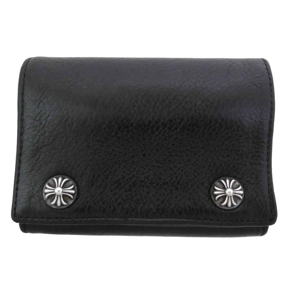 CHROME HEARTS クロムハーツ(原本無) 財布 3FOLD 3フォールド クロスボール レザー ウォレット 三つ折り財布 ブラック系【中古】