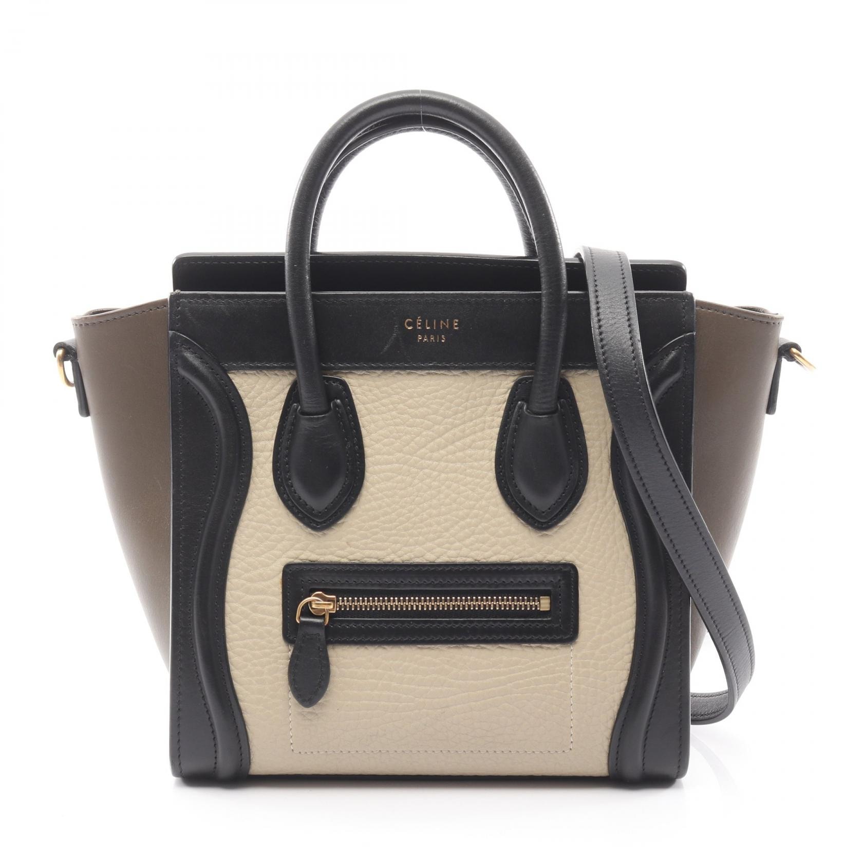 セリーヌ CELINE ラゲージ ナノショッパー ハンドバッグ バッグ レザー レディース ベージュ系 / ブラック系 / カーキ系 【中古】