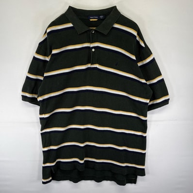 古着 ノーティカ NAUTICA 半袖シャツ ポロシャツ ワンポイント ロゴ刺繍 大きいサイズ XL グリーン系 ボーダー メンズ