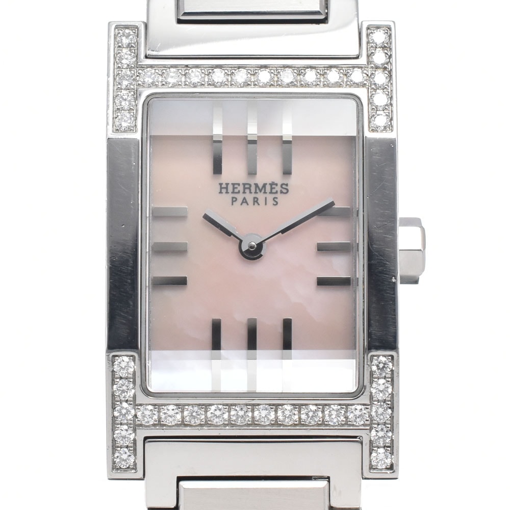 エルメス HERMES TA1.230 タンデム ダイヤモンドベゼル ピンクシェル クォーツ レディース 良品 腕時計 H#147013