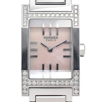 エルメス HERMES TA1.230 タンデム ダイヤモンドベゼル ピンクシェル クォーツ レディース 良品 腕時計 H#147013
