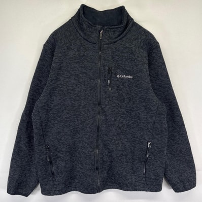 古着 コロンビア Columbia ニット フルジップ ワンポイントロゴ アウトドア 胸ポケット 3XL ブラック系 メンズ