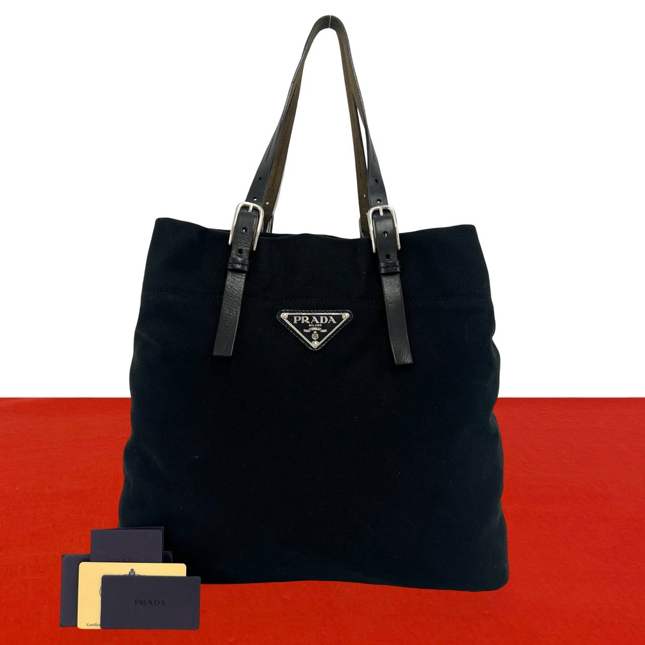 PRADA プラダ 三角 ロゴ 金具 キャンバス レザー トートバッグ ブラック
 59541