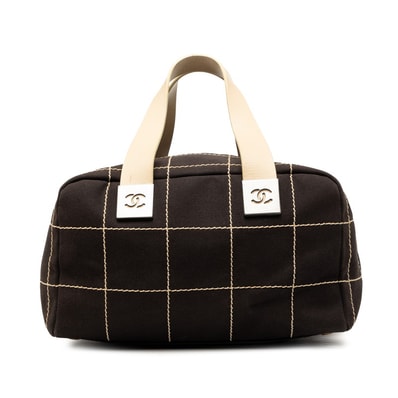 シャネル チョコバー ココマーク ハンドバッグ ボストンバッグ ブラック ベージュ キャンバス レザー レディース CHANEL 【中古】