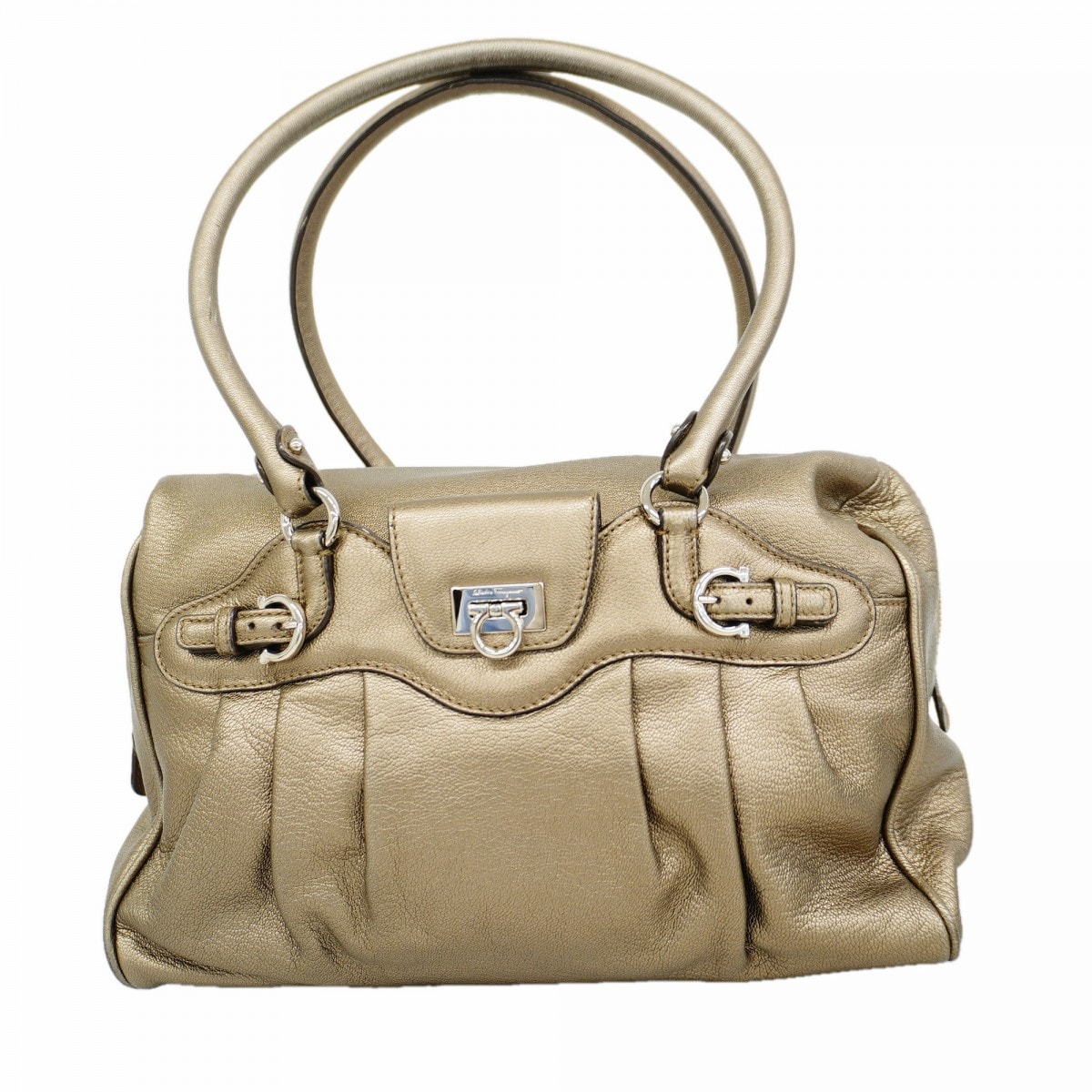 【6db2153】サルヴァトーレフェラガモ ショルダーバッグ ガンチーニ レザー カーキ シルバー金具【中古】レディース