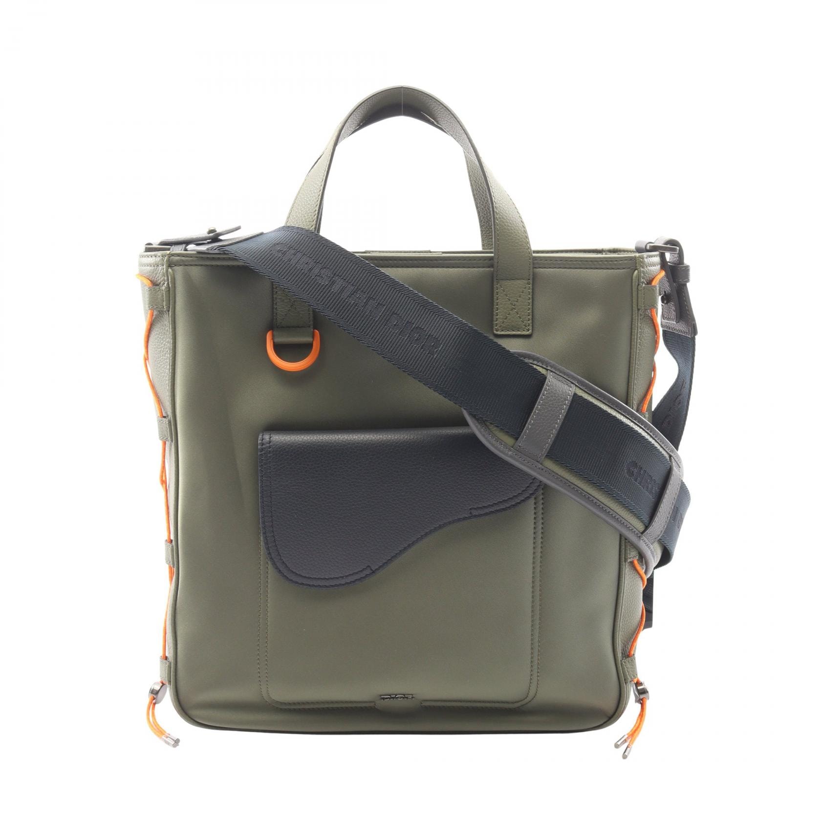ディオール Dior Christian Dior × sacai SADDLE 2WAY トートバッグ バッグ ナイロン レザー メンズ カーキ系 / ネイビー系 / オレンジ系 1ADSH198USF 【中古】