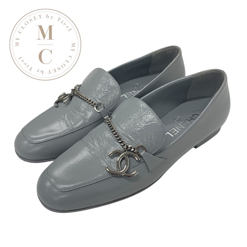 シャネル CHANEL ローファー 革靴 靴 シューズ レザー グレー シルバー チェーン ココマーク