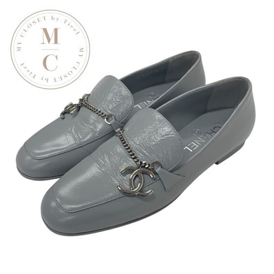 シャネル CHANEL ローファー 革靴 靴 シューズ レザー グレー シルバー チェーン ココマーク