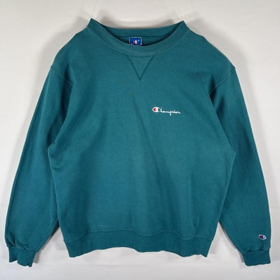 古着 90's/90年代 チャンピオン Champion USA製 スウェット トレーナー ワンポイントロゴ刺繍 前V 大きいサイズ 14041 グリーン系 メンズ