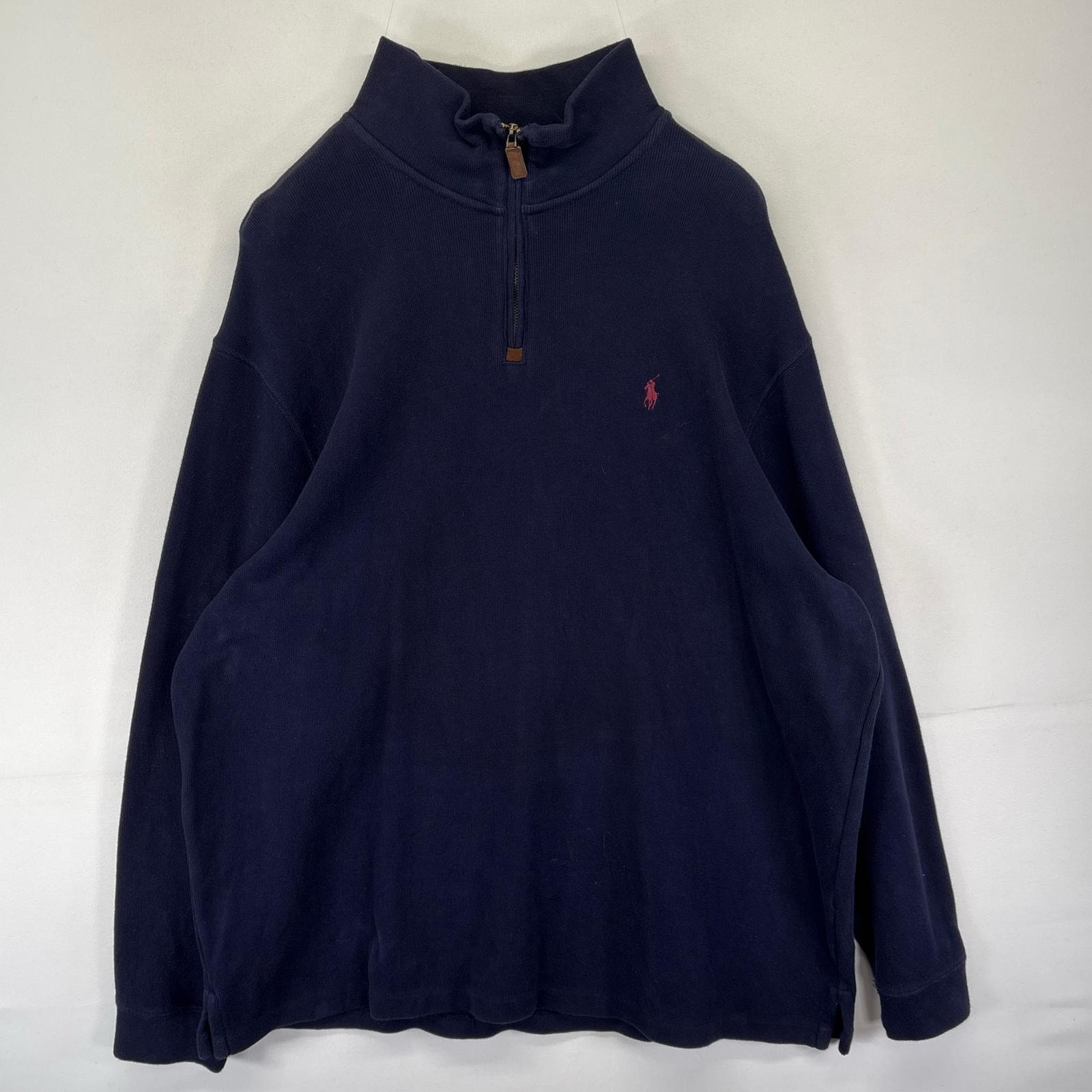 古着 ポロ・ラルフローレン POLO RALPH LAUREN スウェット ハーフジップ トレーナー ワンポイント セーター 2XL  ネイビー系 メンズ