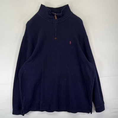 古着 ポロ・ラルフローレン POLO RALPH LAUREN スウェット ハーフジップ トレーナー ワンポイント セーター 2XL ネイビー系 メンズ