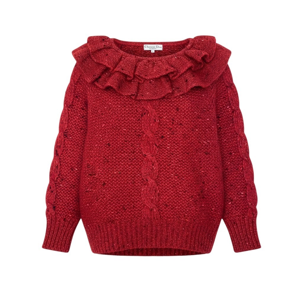 Christian Dior クリスチャンディオール フリルネック ローゲージ ニットセーター レッド ウール ニット A3-00358 【中古】