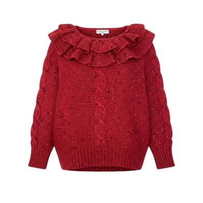 Christian Dior クリスチャンディオール フリルネック ローゲージ ニットセーター レッド ウール ニット A3-00358 【中古】