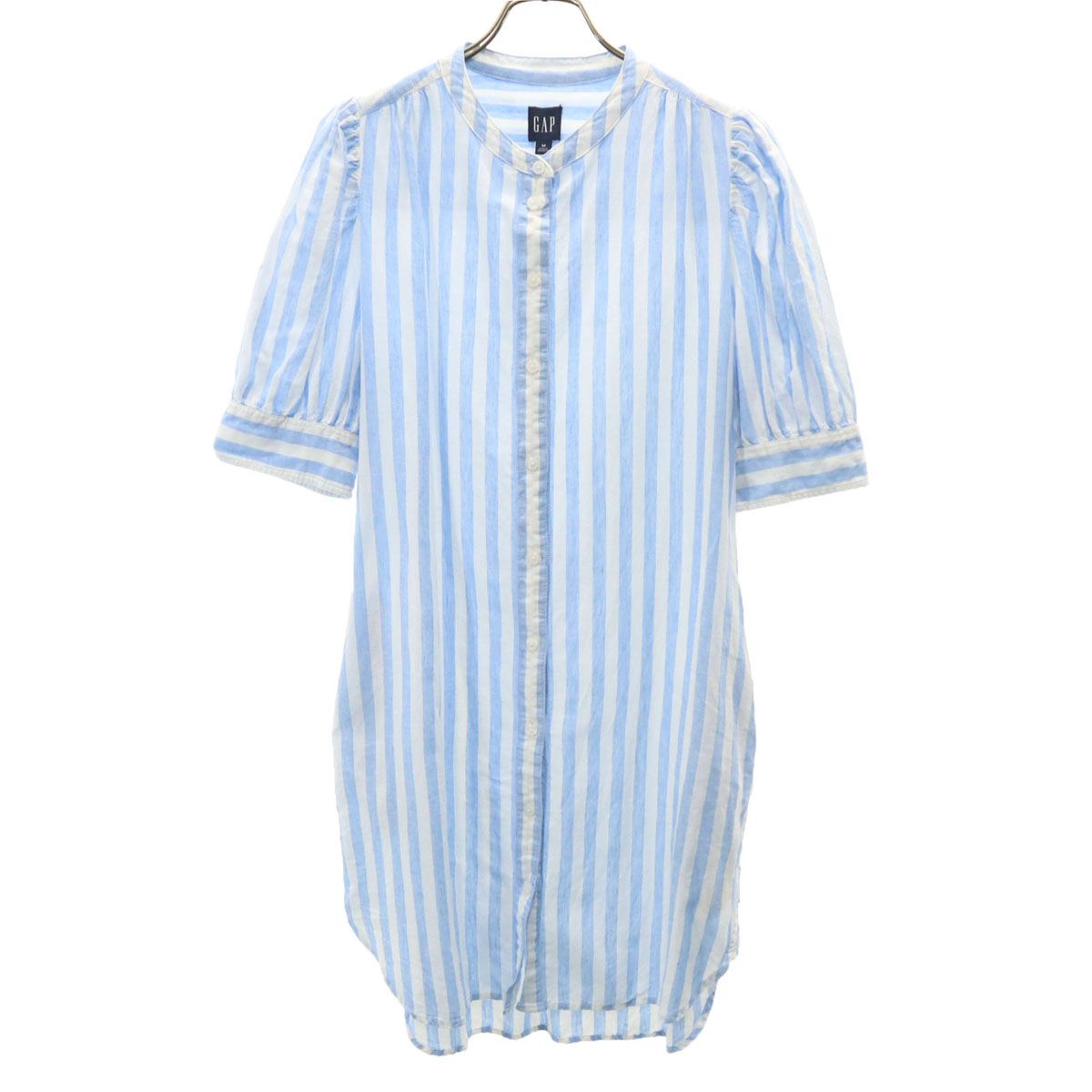 GAP ギャップ リネンブレンド ストライプ柄 5分袖 シャツワンピース M 水色系