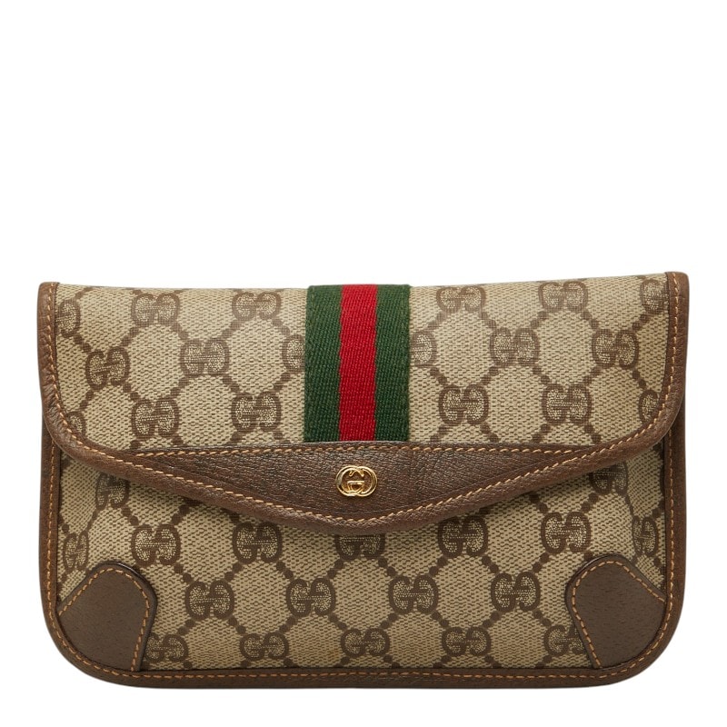 구찌 GG 슈프림 셰리 라인 파우치 베이지 브라운 PVC 가죽 여성용 GUCCI [중고]