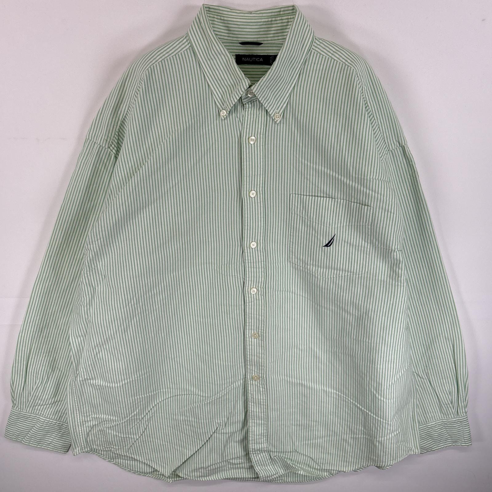 古着 ノーティカ NAUTICA 長袖シャツ ボタンダウンシャツ ワンポイント ロゴ 刺繍 厚手 14041  グリーン系 ストライプ メンズ