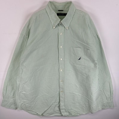 古着 ノーティカ NAUTICA 長袖シャツ ボタンダウンシャツ ワンポイント ロゴ 刺繍 厚手 14041 グリーン系 ストライプ メンズ