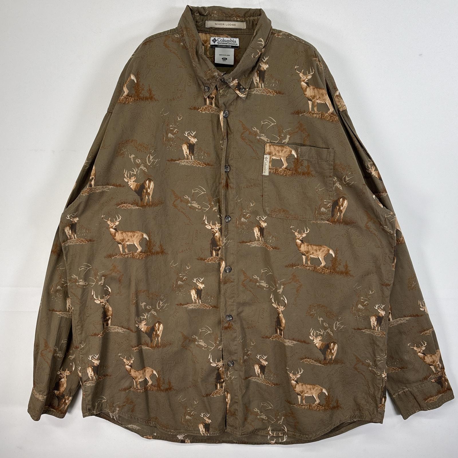 古着 コロンビア Columbia 長袖シャツ 鹿 大きいサイズ ワンポイント ロゴ 14041 ブラウン系 アニマル メンズ