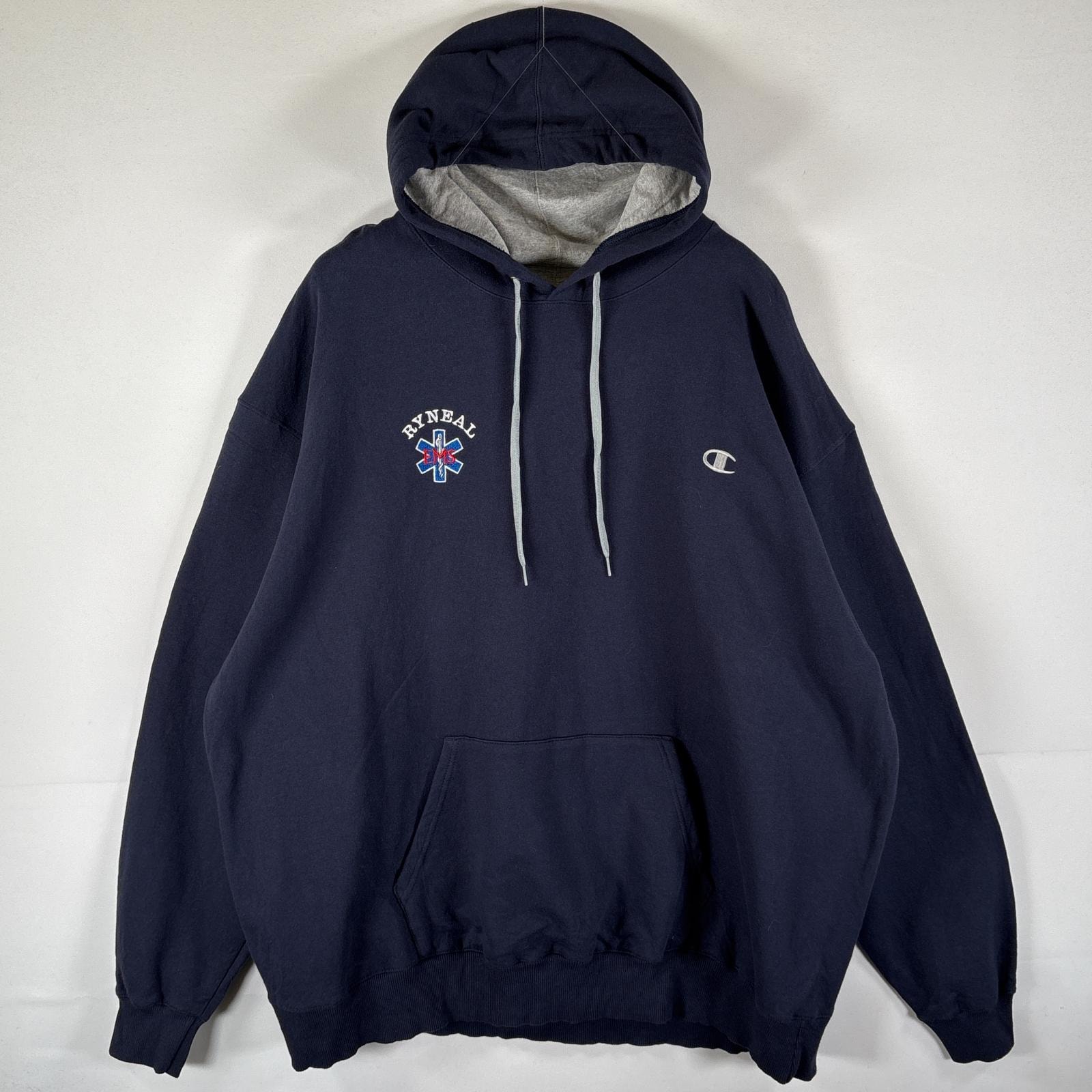 古着 チャンピオン Champion パーカー スウェット 大きいサイズ EMSロゴ刺繍 バックプリント ワンポイントロゴ フーディ 14042  ネイビー メンズ