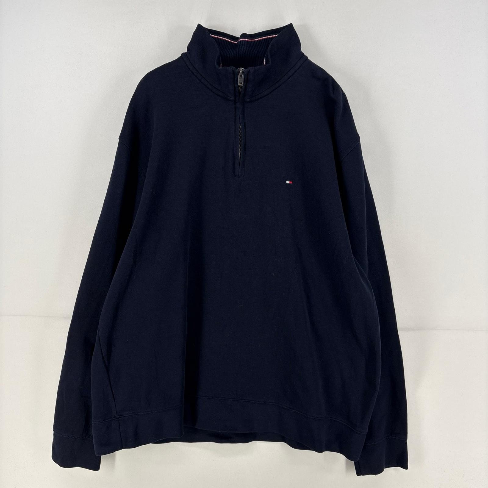 古着 トミーヒルフィガー TOMMY HILFIGER スウェット ハーフジップ 刺繍 プルオーバー ワンポイント トレーナー 2XL  ネイビー メンズ