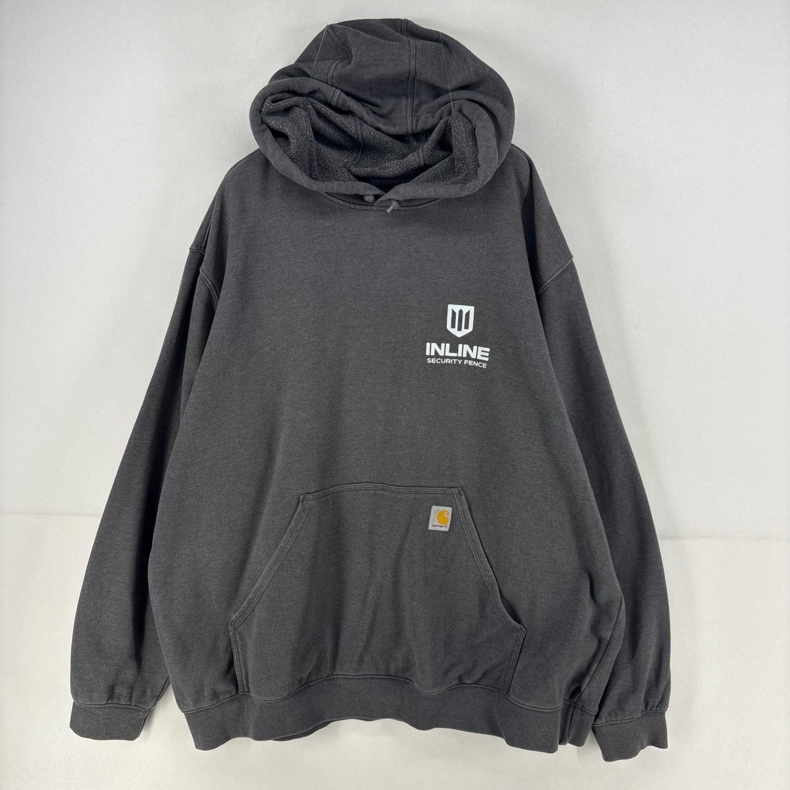 古着 カーハート Carhartt パーカー ワンポイント 両面プリント 裏起毛 ロゴ 大きいサイズ スウェット 2XL  グレー 無地 メンズ
