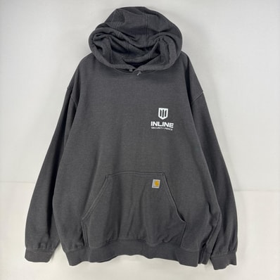 古着 カーハート Carhartt パーカー ワンポイント 両面プリント 裏起毛 ロゴ 大きいサイズ スウェット 2XL グレー 無地 メンズ