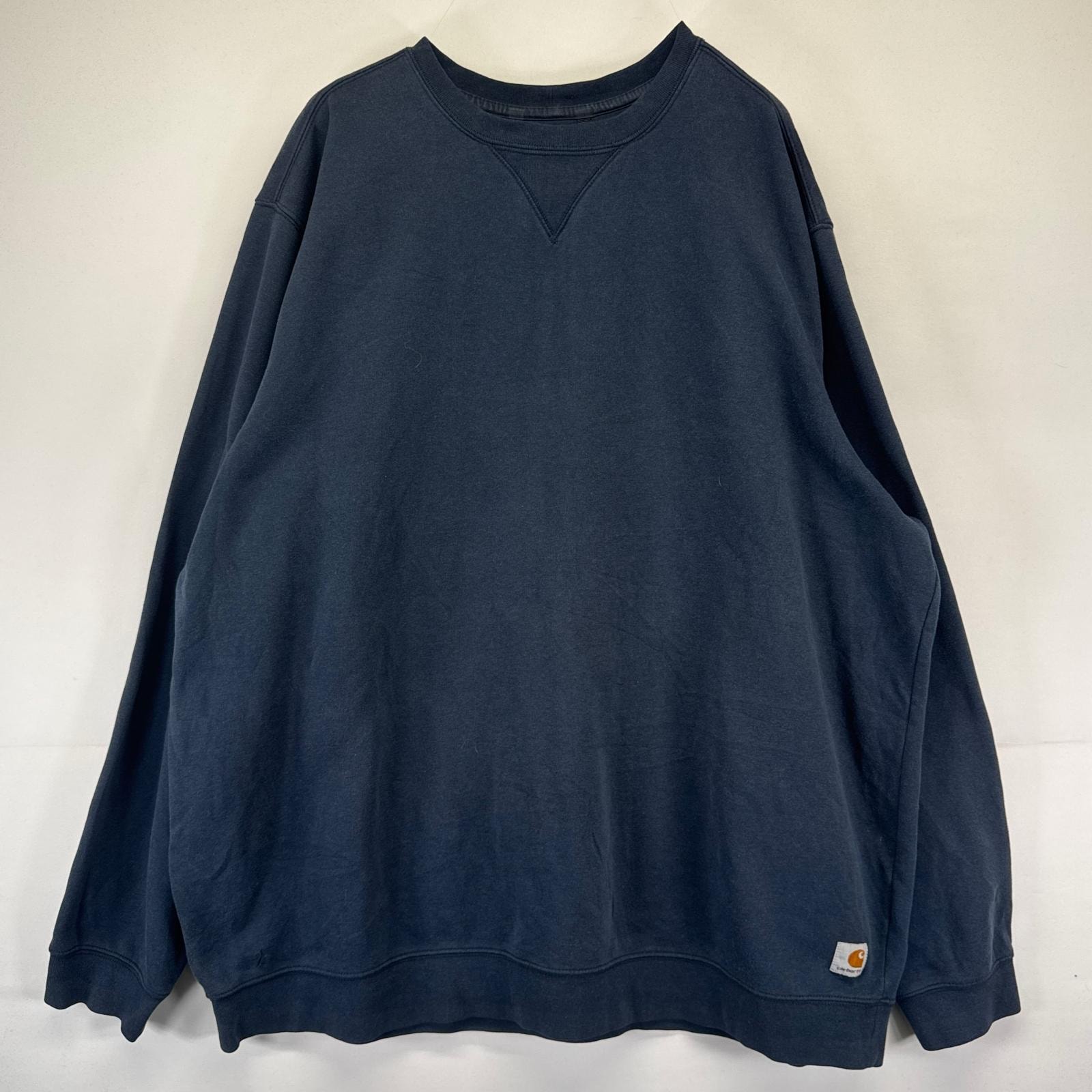 古着 カーハート Carhartt スウェット クルーネック ワンポイントロゴ Vネック 大きいサイズ 3XL-T  ネイビー系 無地 メンズ