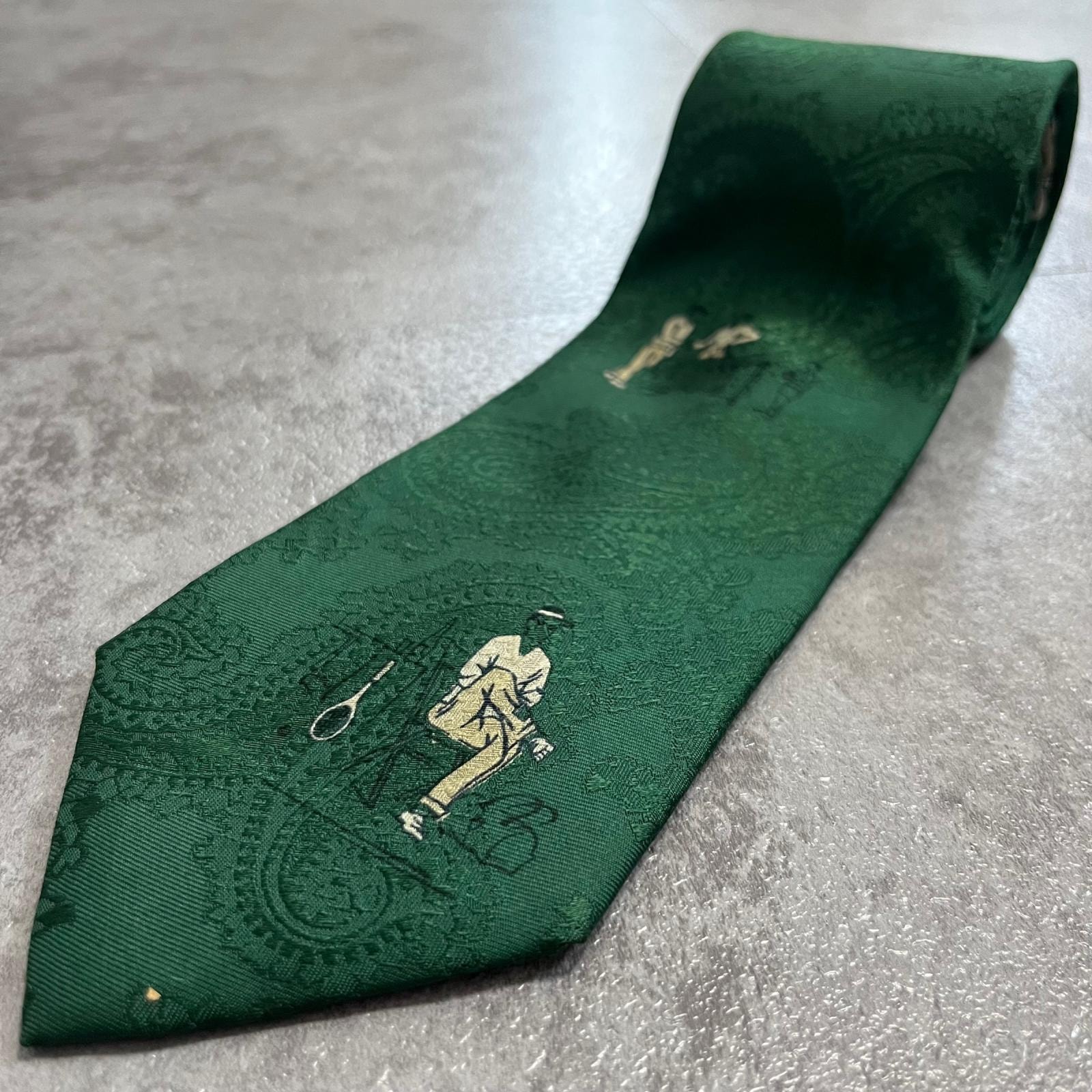 【RALPH LAUREN】ラルフローレン テニスプレイヤー 選手 ラケット ペイズリー柄 ジャカード ネクタイ グリーン シルク100% 日本製 メンズ