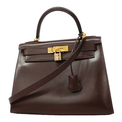 【6fd5775】エルメス ハンドバッグ ケリー28 ボックスカーフ ハバナ ゴールド金具 □E刻印 2wayバッグ【中古】レディース