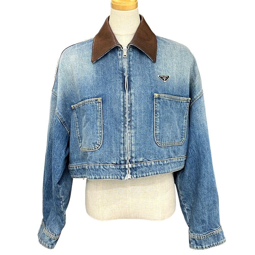 プラダ PRADA トライアングルプレート 襟元レザー RN.98339-CA.34767 Gジャン デニム アパレル ジャケット コットンデニム ブルー 美品