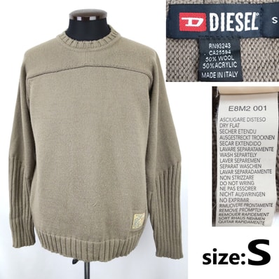 美品/イタリア製/Vintage★DIESEL/ディーゼル★長袖/アクリルウールセーター【メンズS/カーキ】Tops/knit◆BJ100-b