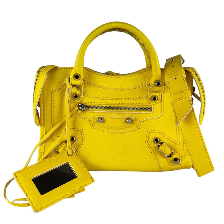 バレンシアガ BALENCIAGA ハンドバッグ ショルダーバッグ クラシック ミニ シティ レザー イエロー シルバー レディース【中古】 z10534