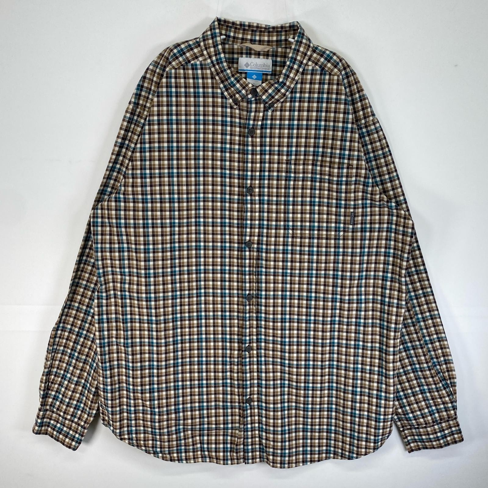 古着 コロンビア Columbia 長袖シャツ ワンポイント ロゴ チェック 大きいサイズ XL  ブラウン系 マルチカラー メンズ