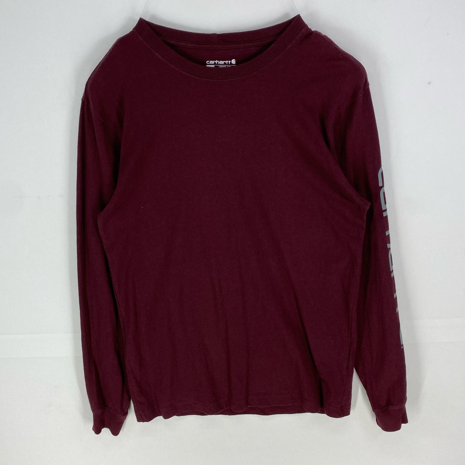古着 カーハート Carhartt 長袖Tシャツ ワンポイントロゴ ロングスリーブ クルーネック ロンT S  レッド系 袖プリント メンズ