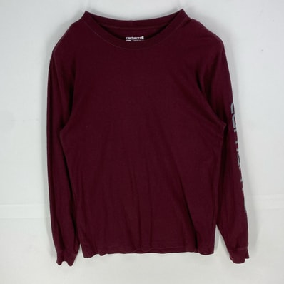 古着 カーハート Carhartt 長袖Tシャツ ワンポイントロゴ ロングスリーブ クルーネック ロンT S レッド系 袖プリント メンズ
