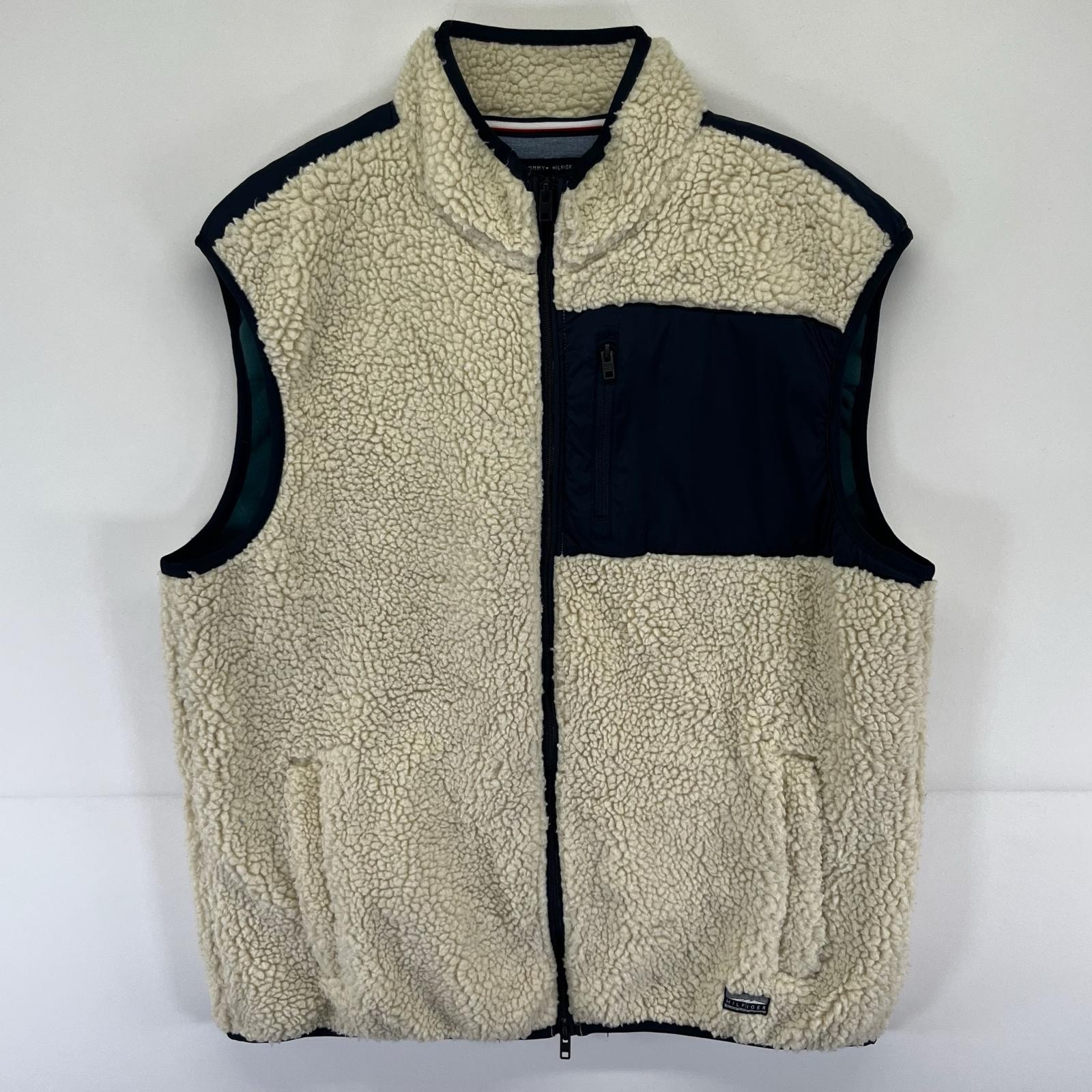 古着 トミーヒルフィガー TOMMY HILFIGER フリース ベスト フルジップ 胸ポケット 大きいサイズ 2XL  ベージュ系 無地 メンズ