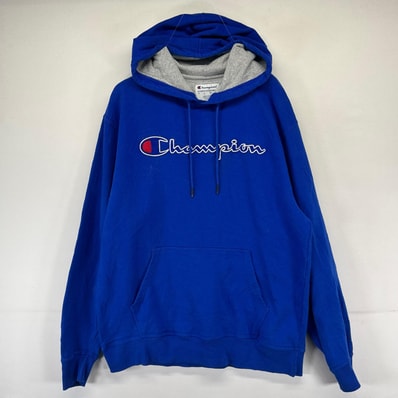 古着 チャンピオン Champion パーカー ビッグロゴ 刺繍 プルオーバー スウェット L ブルー系 メンズ